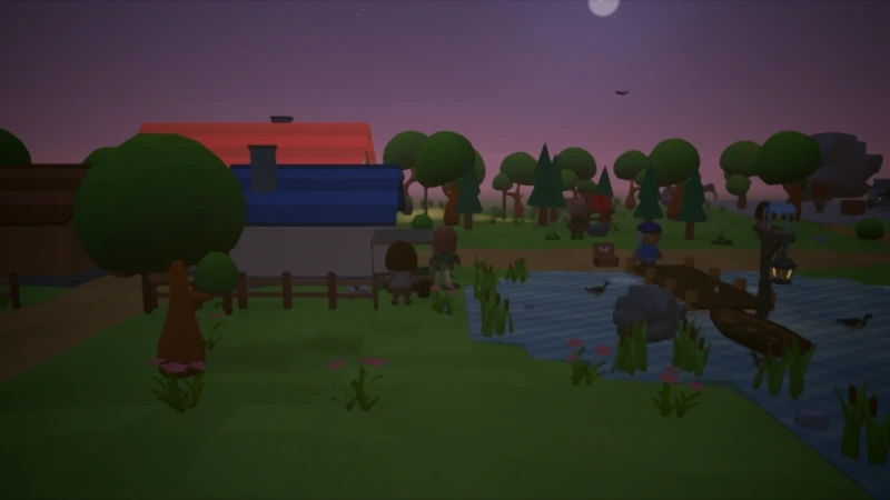 Fernwick's square at dusk, the moon over the pond.