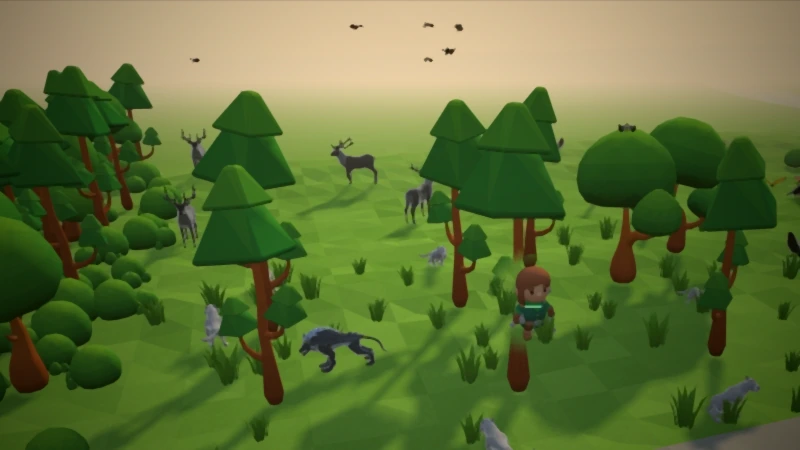 The Wolf wood in the morning, with deer and wolves.